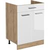 Vicco Mobiletto base cucina R-Line, Bianco lucido/Rovere dorato 60 cm | 2 Ante · Senza piano di lavoro · Piedini regolabili in altezza · 1 Ripiano · ✓ Liberamente combinabile