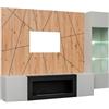Arreditaly Parete Attrezzata Moderna Per Tv Con Biocamino E Pannello Design Geometrico 2 Ante E Pensile Con Vetrina E LED Mobile Contemporaneo Per Soggiorno Salotto 200 x 40 x 158 Cm Grigio E Rovere