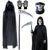 GUOYOU 4 Pezzi Costumi Halloween Mantello con Cappuccio del Mietitore Falce Maschera Teschio Guanti Scheletro Adulto Costume Halloween uomo Horror Capo Masquerade Halloween Fantasma Up Party(Bambino)