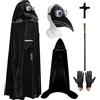 MAINOSHY Maschera di Halloween per medici della peste, naso lungo, becco di uccello, con mantello nero con cappuccio, guanti neri, scettro re per feste di Halloween
