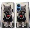YKTO Creativo Modelli per Honor X7 Copertura Portafoglio Slot Carte Stile Libro Flip Blocco Magnetico Custodia Cellulare Grande Capacità Custodia Con Supporto Mani Libere,Gatto Grigio Catena D'oro