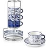 vancasso SELENE - Tazze da Caffè e Cappuccino con Piattino y Porta - 4 x 270 ml - Tazze da Colazione in Porcellana per Latte e Tè, Adatto a Lavastoviglie e Microonde - Vintage in Blu e Bianco