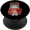 Merry Christmas Wrap Ribbon Bow Stars Xm Carta da regalo a forma di bastoncino di zucchero, motivo: gatto con pigne di agrifoglio PopSockets PopGrip Adesivo