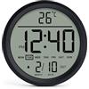 Mee 2ou Orologio da parete digitale rotondo da 20,3 cm, funzionamento a batteria, con data, calendario, temperatura, DST, 12/24 ore, sveglia, moderno orologio atomico con numeri grandi per camera da