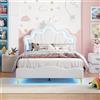 Quiaviank Letto imbottito per bambini, 140 x 190 cm, con illuminazione a LED, testiera regolabile a forma di nuvola con corona, telaio per letto da bambina con rete a doghe, senza materasso