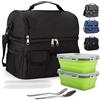 BalladHome Borsa Termica Porta Pranzo 10L Borsa Termica Borsa Frigo con doppio scomparto, 2 Contenitori Alimentari e 1 set di posate, per uomo e donna per Lavoro, Scuola (Nero, 2 Contenitori)-X