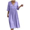 Generic Vestito Donna Estivo Abito da Donna, Abito Midi Leggero e Fresco in Mussola, in Lino Morbido, con Scollo a V e Maniche Corte con Bottoni, Tunica Ampio Arioso, Midi Semplice, Vestito (A6-Purple, XXXL)