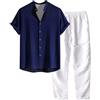Generisch Camicia a maniche corte in lino, con pantaloncini traspiranti, da uomo, per il tempo libero, colore puro, comoda da indossare tutti i giorni, Blu marino, XL