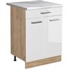 Vicco Mobiletto base cucina R-Line, Bianco lucido/Rovere dorato 60 cm | 2 Ante · Piano di lavoro incl. · Piedini regolabili in altezza · 1 Ripiano · ✓ Liberamente combinabile