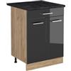 Vicco Mobiletto base cucina R-Line, Antracite lucido/Rovere dorato 60 cm | 2 Ante · Piano di lavoro incl. · Piedini regolabili in altezza · 1 Ripiano · ✓ Liberamente combinabile