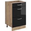 Vicco Mobiletto base per cucina R-Line, Nero lucido/Rovere dorato 50 cm | 3 Cassetti · Senza piano di lavoro · Piedini regolabili in altezza · ✓ Facile accesso · ✓ Liberamente combinabile