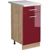 Vicco Mobiletto base cucina R-Line, Rosso lucido/Rovere dorato 40 cm | 1 Cassetto · Piano di lavoro incl. · Piedini regolabili in altezza · 1 Anta · ✓ Liberamente combinabile