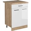 Vicco Mobiletto base cucina R-Line, Bianco lucido/Rovere dorato 60 cm | 2 Ante · Piano di lavoro incl. · Piedini regolabili in altezza · 1 Ripiano · ✓ Liberamente combinabile