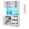 Ginhow Credenza Cucina Alta con LED e Presa Elettrica, Mobile Dispensa Cucina con 3 Cassetti e Ripiani Regolabili, Mobile Buffet per Cucina e Sala da Pranzo, 100 x 39 x 180 cm, Bianco