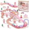WOODENFUN Set di ferrovie e treni in legno, 61 pezzi, compatibile con Thomas adatto per Eichhorn, giocattolo per bambini consigliato a partire dai 3 anni (rosa)
