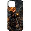 Motorghast Garage Custodia per iPhone 15 Plus Testa di zucca fiammeggiante Chopper Rider Halloween Biker
