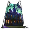 NImongt Zaino nero con stampa di una casa infestata leggera con coulisse, unisex, per fitness, viaggi, yoga, attività all'aperto