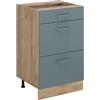 Vicco Mobiletto base per cucina R-Line, Grigio-blu/Rovere dorato 50 cm | 3 Cassetti · Senza piano di lavoro · Piedini regolabili in altezza · ✓ Facile accesso · ✓ Liberamente combinabile