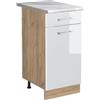 Vicco Mobiletto base cucina R-Line, Bianco lucido/Rovere dorato 40 cm | 1 Cassetto · Piano di lavoro incl. · Piedini regolabili in altezza · 1 Anta · ✓ Liberamente combinabile