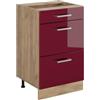 Vicco Mobiletto base per cucina R-Line, Rosso lucido/Rovere dorato 50 cm | 3 Cassetti · Senza piano di lavoro · Piedini regolabili in altezza · ✓ Facile accesso · ✓ Liberamente combinabile