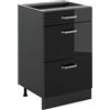 Vicco Mobiletto base per cucina R-Line, Nero lucido/Antracite 50 cm | 3 Cassetti · Senza piano di lavoro · Piedini regolabili in altezza · ✓ Facile accesso · ✓ Liberamente combinabile