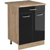 Vicco Mobiletto base cucina R-Line, Nero lucido/Rovere dorato 60 cm | 2 Ante · Piano di lavoro incl. · Piedini regolabili in altezza · 1 Ripiano · ✓ Liberamente combinabile