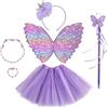 GWAWG Set di Costumi da Fata da 6 Pezzi con Ali di Farfalla per Bambini, Costume da Fata Viola con Abito da Principessa Tutu, Bacchetta da Fata, Braccialetto con Farfalla, Collana, Corona e Cerchietto