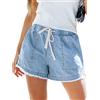CUPSHE Pantaloncini da donna in jeans con elastico in vita, coulisse, vita alta, taglio largo, orlo con frange, casual, in denim con tasche, Blu, XL