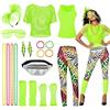 BIQIQI Costume Anni 80 Donna Accessori Neon Anni, T-Shirt, Top a Rete Fluo, Braccialetti, Collana, Orecchino, Marsupio Body, Scaldamuscoli, Occhiali, Guanti a Rete,Legging per anni '80 e '90