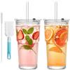 OUTALIZ Bicchieri in Vetro Scanalato con Coperchio E Cannuccia, Bicchiere in Vetro a Righe con Coperchio E Cannuccia, 600 Ml, Vetro Matcha, con Pennello per La Pulizia, per Tè, Frullati (Set da 2)