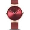 BERING 14539-363 Orologio da donna al quarzo, orologio da polso con cassa in acciaio inossidabile color oro rosa da 39 mm e quadrante rosso, cinturino in maglia milanese, vetro zaffiro, 5 ATM