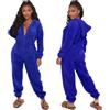 Generisch Tuta da donna in pile, con patta e cappuccio, soffice, con scollo a V, lunga, per la casa, invernale, calda, biancheria da notte morbida, O blu., XL