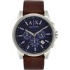 Armani Exchange Orologio da uomo, movimento cronografo al quarzo, cassa in acciaio inossidabile da 45 mm con cinturino in pelle, AX2501, Marrone e argento