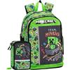Clondo Set Scuola 2 Pezzi Per Minecraft Fan Zaino Scuola Elementare Bambino + Astuccio 3 Scomparti Completo (45 Accessori) - School Pack Mascots