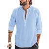 Runcati Camicia da uomo in cotone e lino, a maniche lunghe, con collo alla coreana, camicia da spiaggia, camicia estiva, elegante, Blu, 3XL