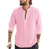 Runcati Camicia da uomo in cotone e lino, a maniche lunghe, con colletto alto, da spiaggia, elegante, Colore: rosa., M