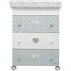 Foppapedretti Bagnetto Fasciatoio Lovely, Legno, Made in Italy, 3 Cassetti, Piano Fasciatoio Ribaltabile, Vaschetta Anatomica Estraibile, 4 ruote, Materissani Incluso, 69x50x131 cm, Bianco/Grigio