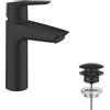 GROHE Start, rubinetto per lavabo a risparmio energetico, acqua fredda in posizione centrale (rubinetto per lavabo in bagno, altezza 19 cm, con scarico pop-up, con pratico strumento 3 in 1), nero