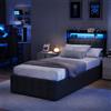 BRILVERDE Letto Imbottito 90x200 con Contenitore Idraulico, Letto singoloa LED con USB, Funzionale con testiera, Struttura Letto con Rete a doghe, PU (Nero, 90 x 200 cm)