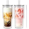 KEMORELA Set di 2 bicchieri in vetro a doppia parete da 830 ml, con coperchio e cannuccia, XXL, per caffè freddo, matcha, Bubble Tea, frullati, bicchieri isolanti per bevande calde e fredde