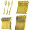 GJIE Set di 150 eleganti posate in plastica dorata, 50 coltelli, 50 forchette e 50 cucchiai, lavabili a mano e riutilizzabili, resistenti per matrimoni, feste di compleanno ed eventi (150 pezzi)