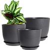 WOUSIWER Set di 3 vasi decorativi moderni in plastica con fori di drenaggio e piattini, per piante da appartamento, fiori e piante, colore nero