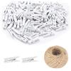 SKYPRO 100 mini mollette in legno naturale da 25 mm, mollette per foto fai da te, matrimoni, feste, mollette in legno con spago di iuta da 25 m (bianco)