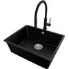PRIMAGRAN Lavandino sottotop al Mobile 60cm + Rubinetto, 56x44cm | Set: Rubinetto BW6030 + Kit di scarico + Lavello in Granito a 1 Vasca - Venezia Easy, Nero