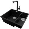 PRIMAGRAN Lavandino sottotop al Mobile 60cm + Rubinetto, 56x47cm | Set: Rubinetto BW3010 + Kit di scarico + Lavello in Granito a 1,5 vasche - London Duo, Nero