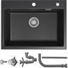 HOROW Lavello da cucina nero in granito, lavello da incasso, grande 1 vasca, con sifone, lavello da cucina con foro per rubinetto, 60 × 45 cm