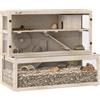 PawHut Gabbia Criceti Legno Capanna, Ruota, Rampe, 100x50x84 cm Nat. | Grande Gabbia per Gerbilli, Habitat 3 Livelli per Animali Piccoli con Pannelli di Visualizzazione Rimovibili