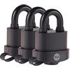 Yale Y220B/51/118/3: Set 3 lucchetti 51 mm rivestiti in gomma: cilindro a 5 perni, arco in acciaio temprato, doppio blocco, resistenti alle intemperie, serratura a chiave