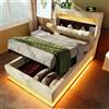 Henjda Letto imbottito 90x200 cm, letto singolo con vano contenitore idraulico e illuminazione a LED, letto contenitore, testiera con vano portaoggetti e funzione di ricarica USB e Tipo C, tessuto di