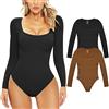 Xnova Body Donna Bodysuit a Costine Elasticizzate Body Donna Elegante con Collo a U Manica Lunga Casuale Shapewear Tops Tinta Unita Vita Quotidiana, 2PC Nero + Curry, M